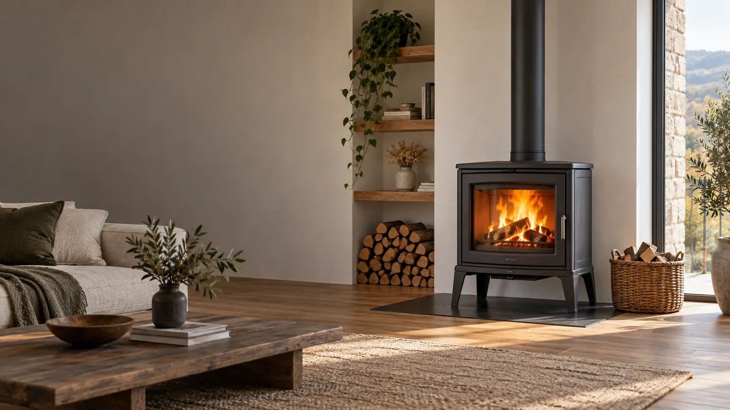 Poêle à bois contemporain allumé dans un intérieur